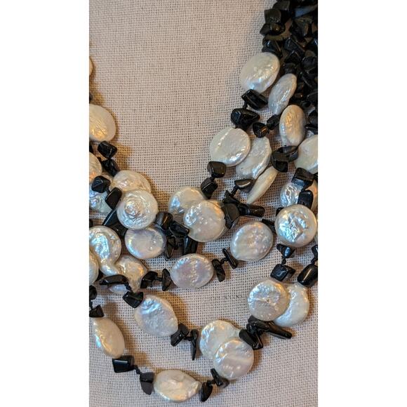 Six Strand White Coin Pearl Black Onyx Chip Sterling Slide In Clasp Necklace - Picture 2 of 8